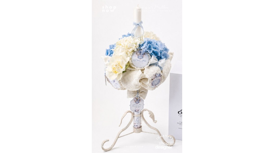 Lumânare de Botez Blue Hydrangea Hortensii Bleu Naturale și Bujori Albi 2